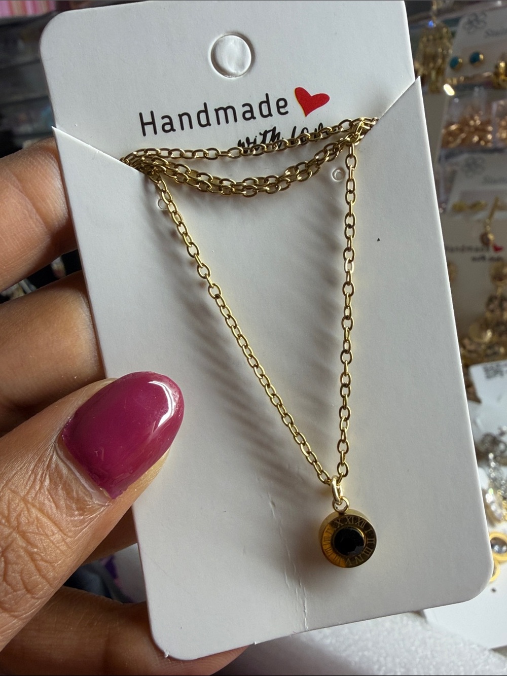 Handmade Gold-tone Necklace with Black Pendant